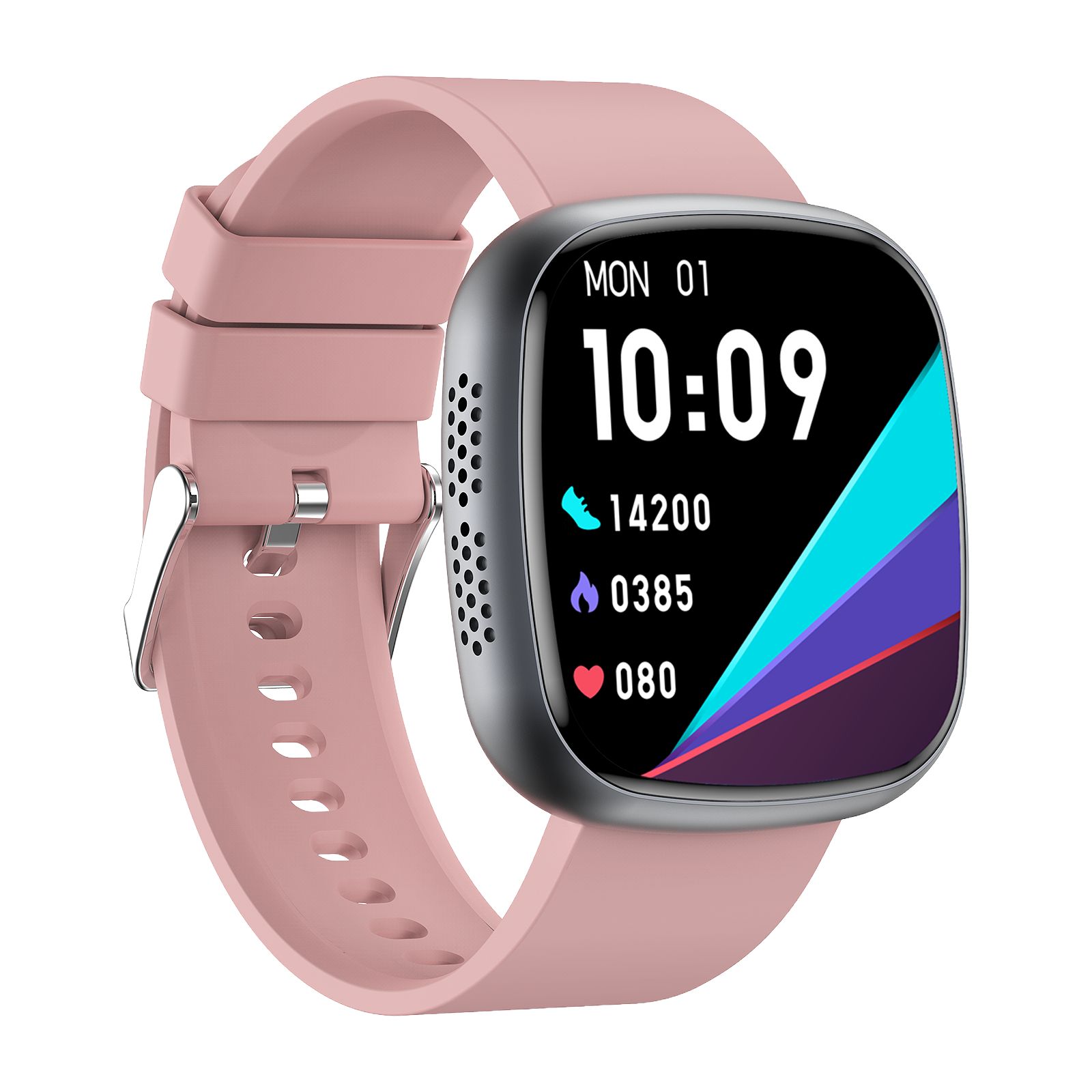 Smartwatch mit rosa Armband. Anzeige mit Uhrzeit, Schritten, Kalorien und Herzfrequenz. Silberfarbenes Gehäuse.
