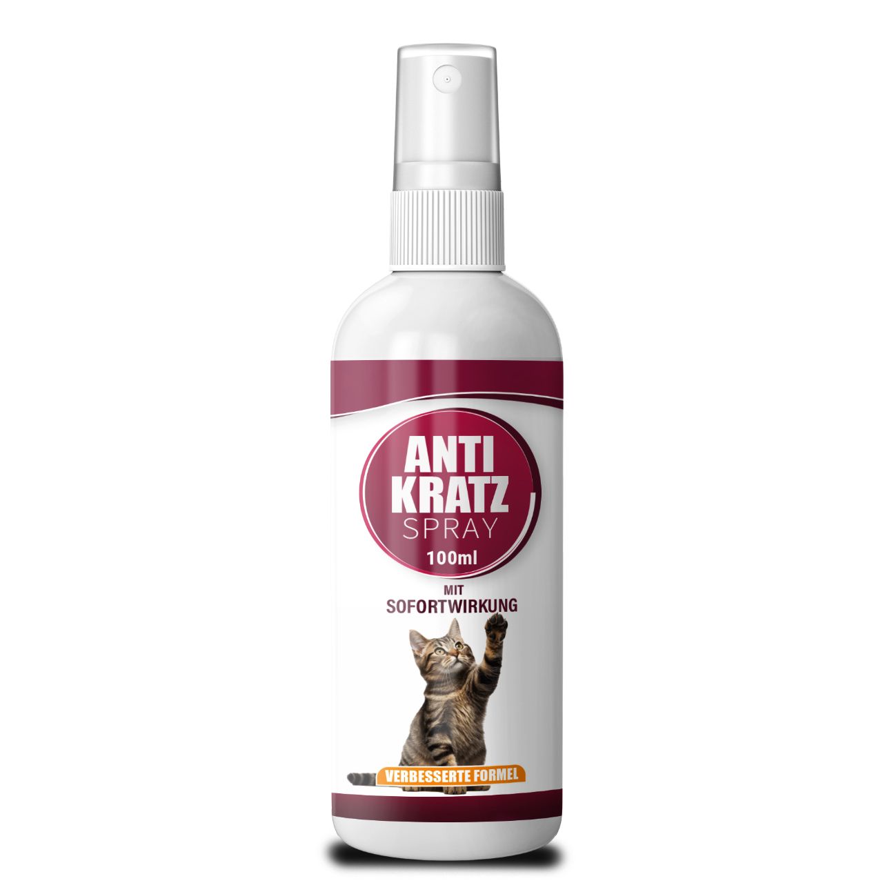 Weiße Sprühflasche mit rotem Etikett. Aufschrift: ANTI KRATZ SPRAY, 100ml. Abbildung einer Katze. Mit Sofortwirkung.