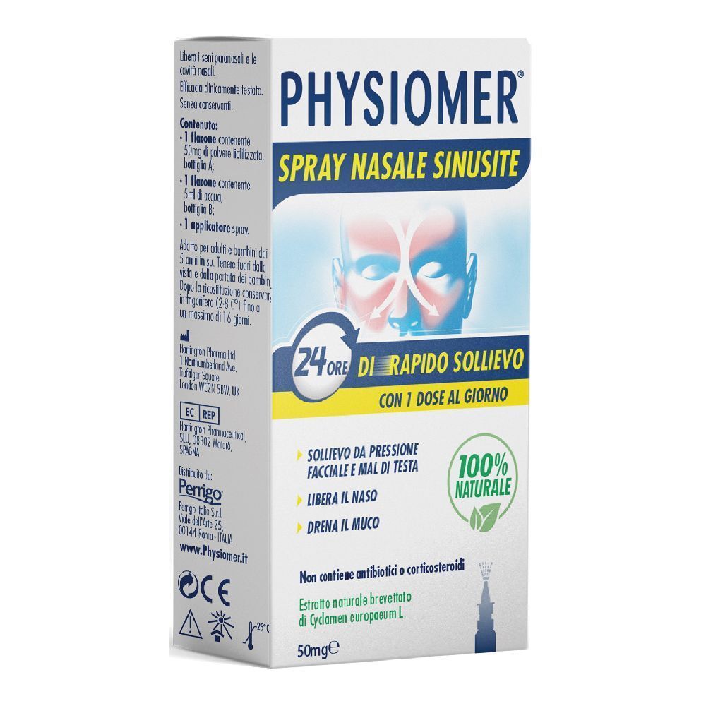 Confezione di PHYSIOMER Spray Nasale Sinusite. Contiene 50ml. Formula naturale al 100%. Sollievo rapido per 24 ore.