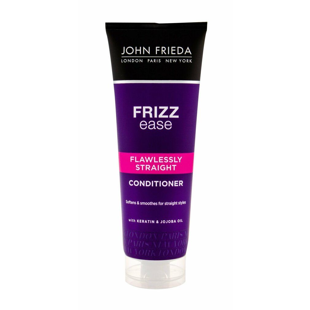 John Frieda Frizz Ease Conditioner Flawlessly Straight. Tube mit lila und rosa Etikett. Enthält Keratin und Jojobaöl.