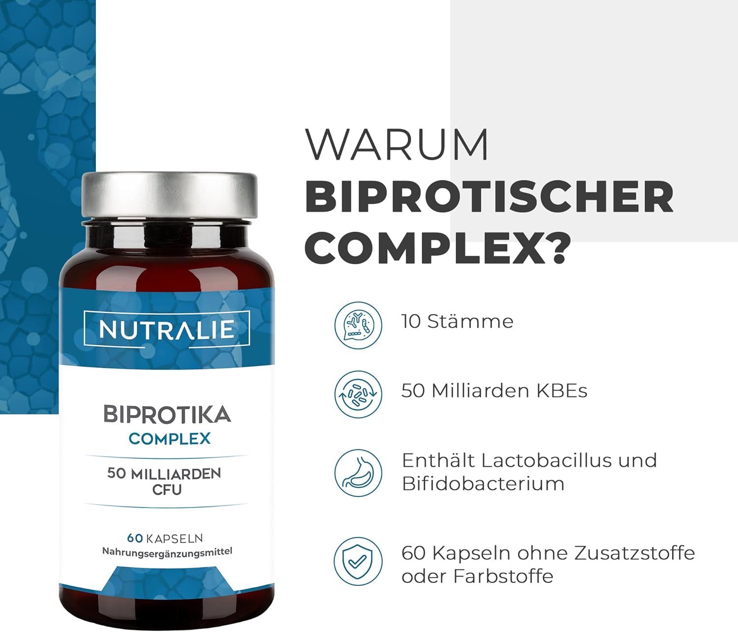 Flasche mit "Nutralie", "Biprotika Complex", "50 Milliarden CFU" und "60 Kapseln". Text: "Warum Biprotischer Complex?" und Informationen.