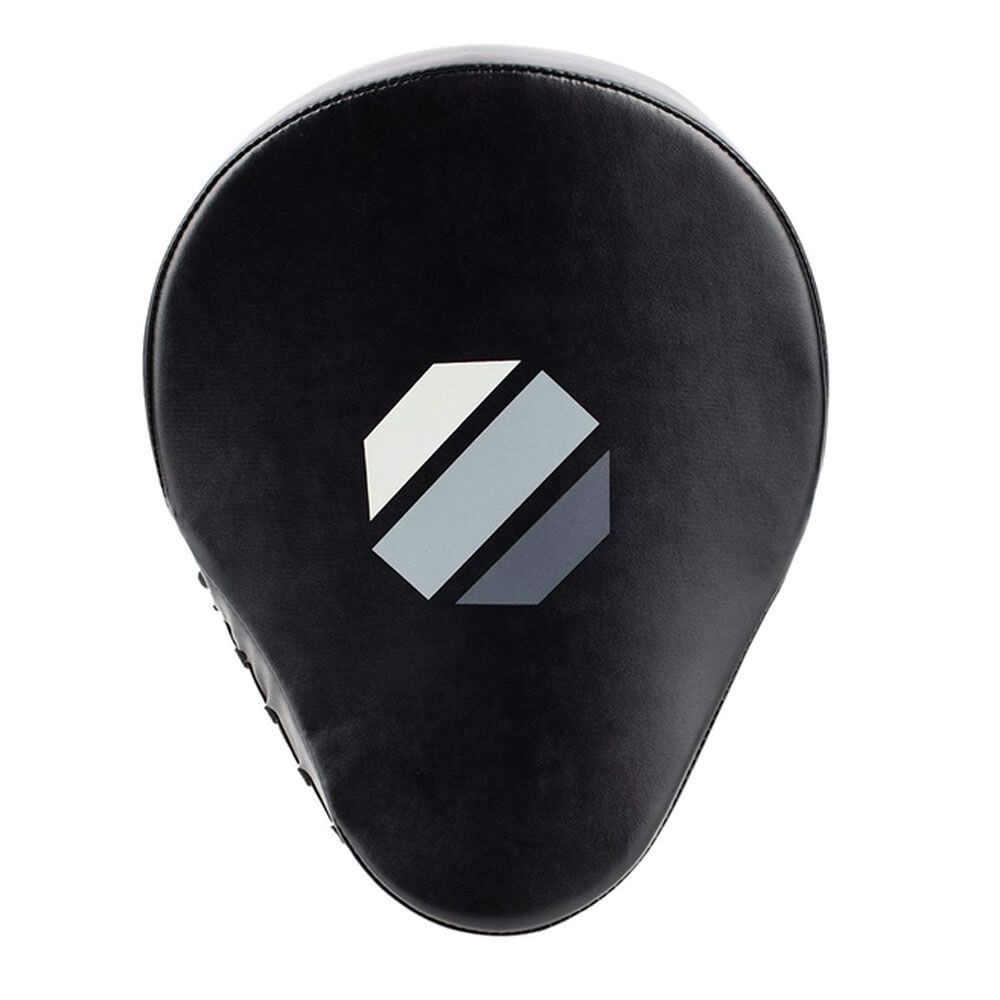 Schwarze gebogene Handpratze. Graues Logo. Schwarzes Kunstleder. Runde Form. Oberansicht.