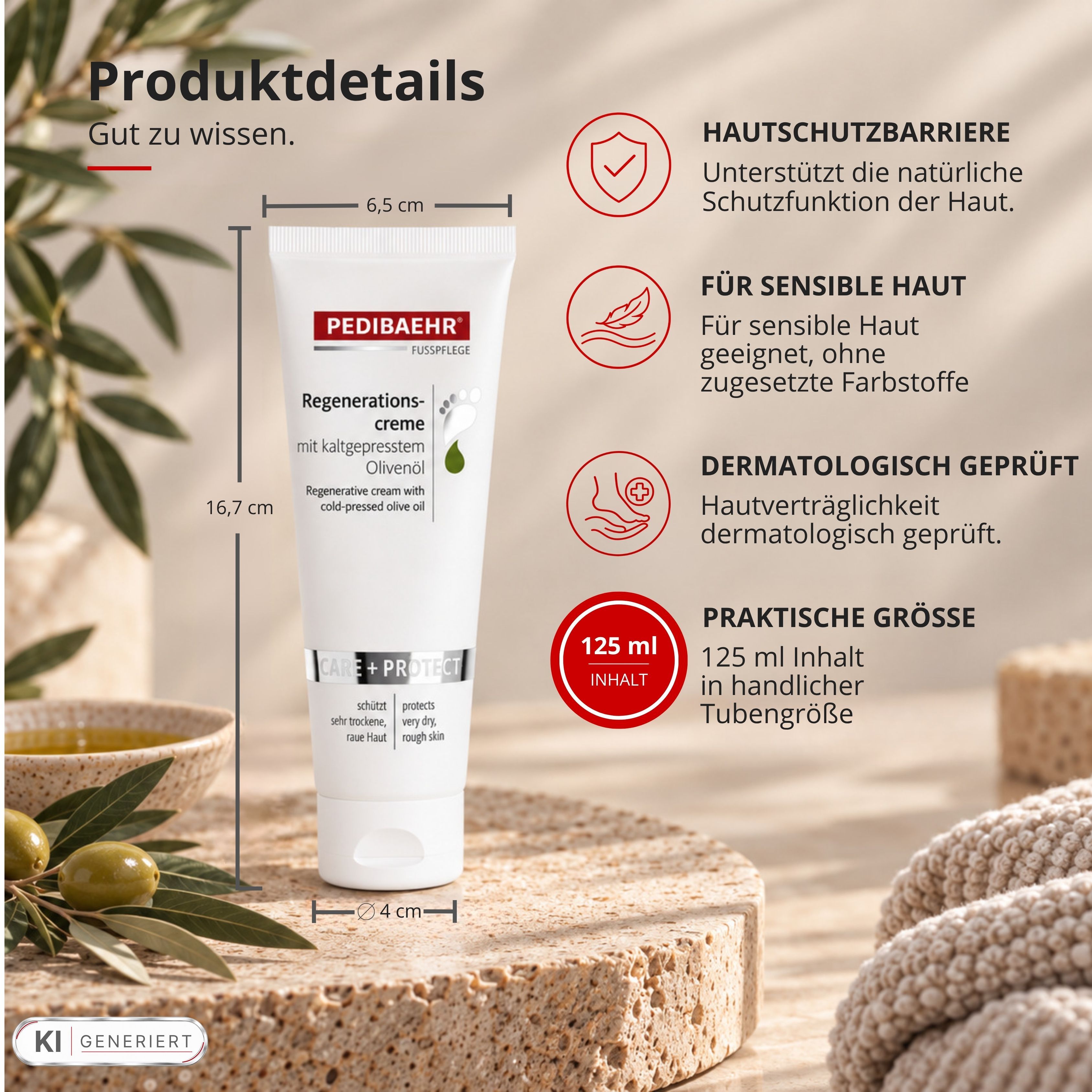 Pedibaehr Regenerationscreme: Masse (16,7x6,5x4 cm), 125 ml, dermatologisch geprüft.