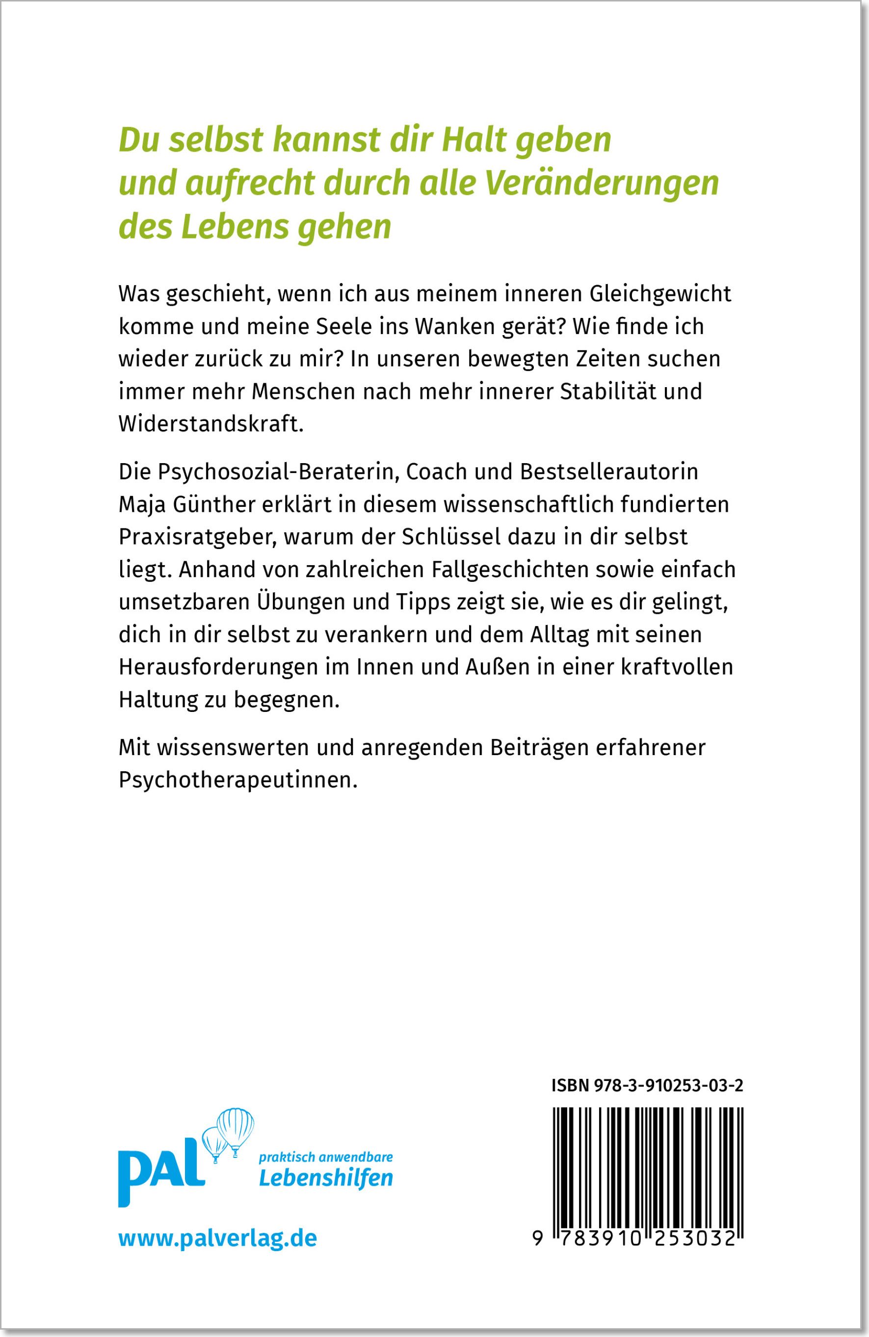 Buchrückseite: Text über innere Stabilität. ISBN-Code. Verlag PAL.