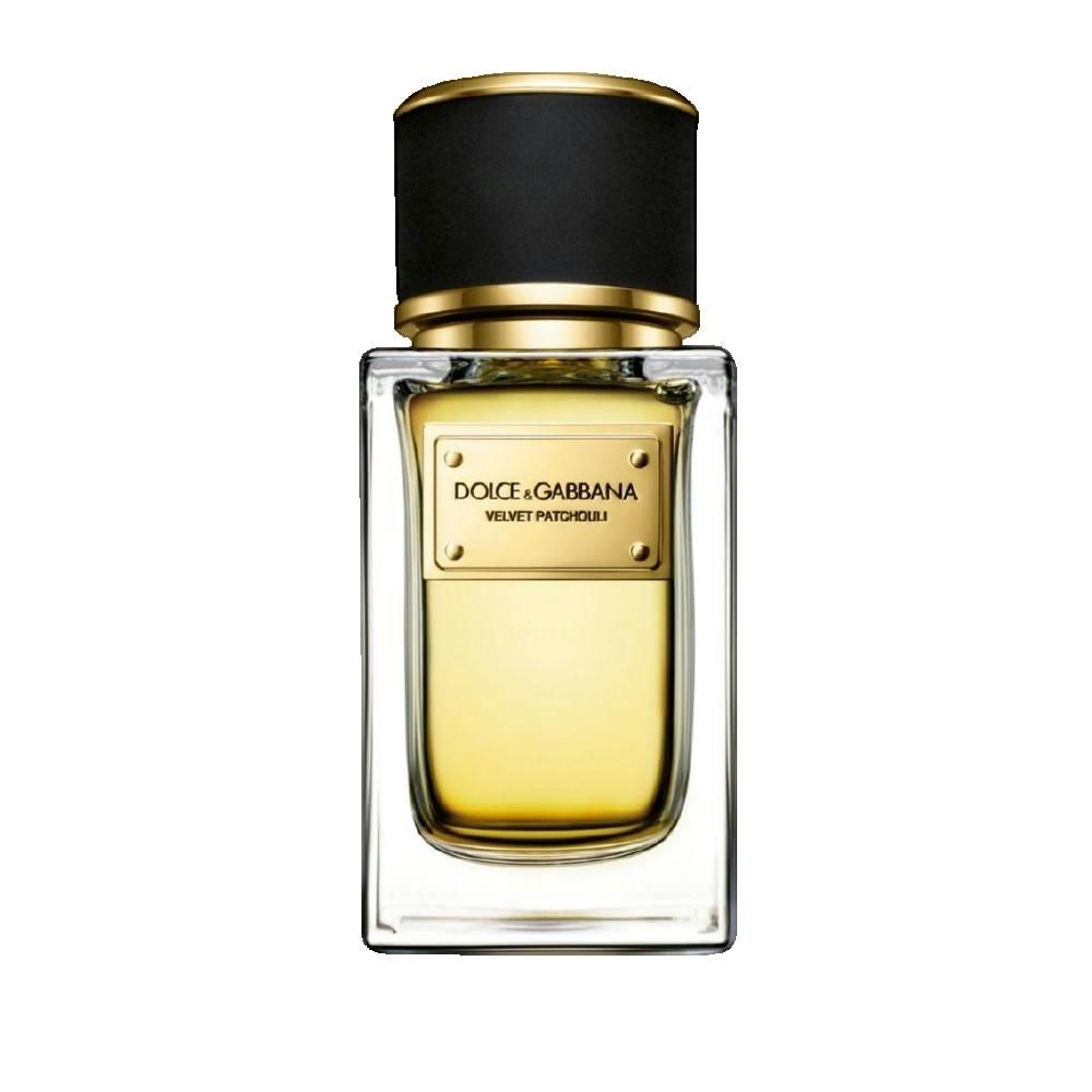 Parfumflakon mit schwarzem Deckel und goldfarbenem Rand. Auf dem Etikett steht Dolce & Gabbana Velvet Patchouli I.