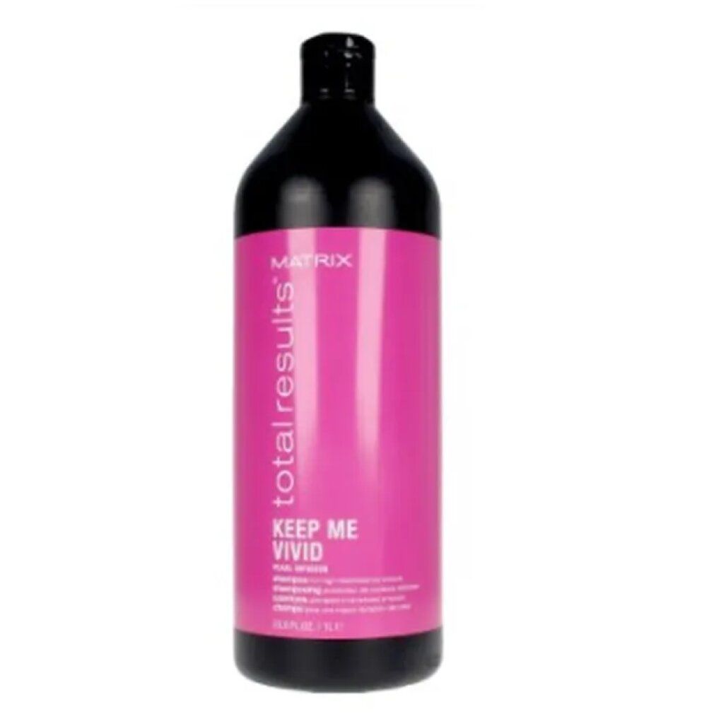 Schwarze Flasche mit pinkfarbenem Etikett. Aufschrift: Matrix Total Results Keep Me Vivid Shampoo.