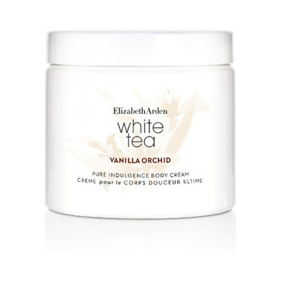Weißer Tiegel mit Deckel. Aufschrift: Elizabeth Arden, White Tea, Vanilla Orchid, Pure Indulgence Body Cream. Nettogewicht: 13,5 OZ 384g.