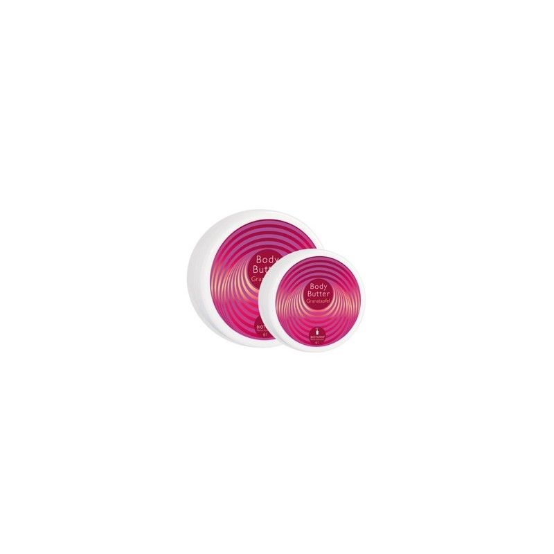 Zwei runde Tiegel Body Butter. Deckel mit konzentrischen pinkfarbenen Kreisen. Aufschrift Body Butter.