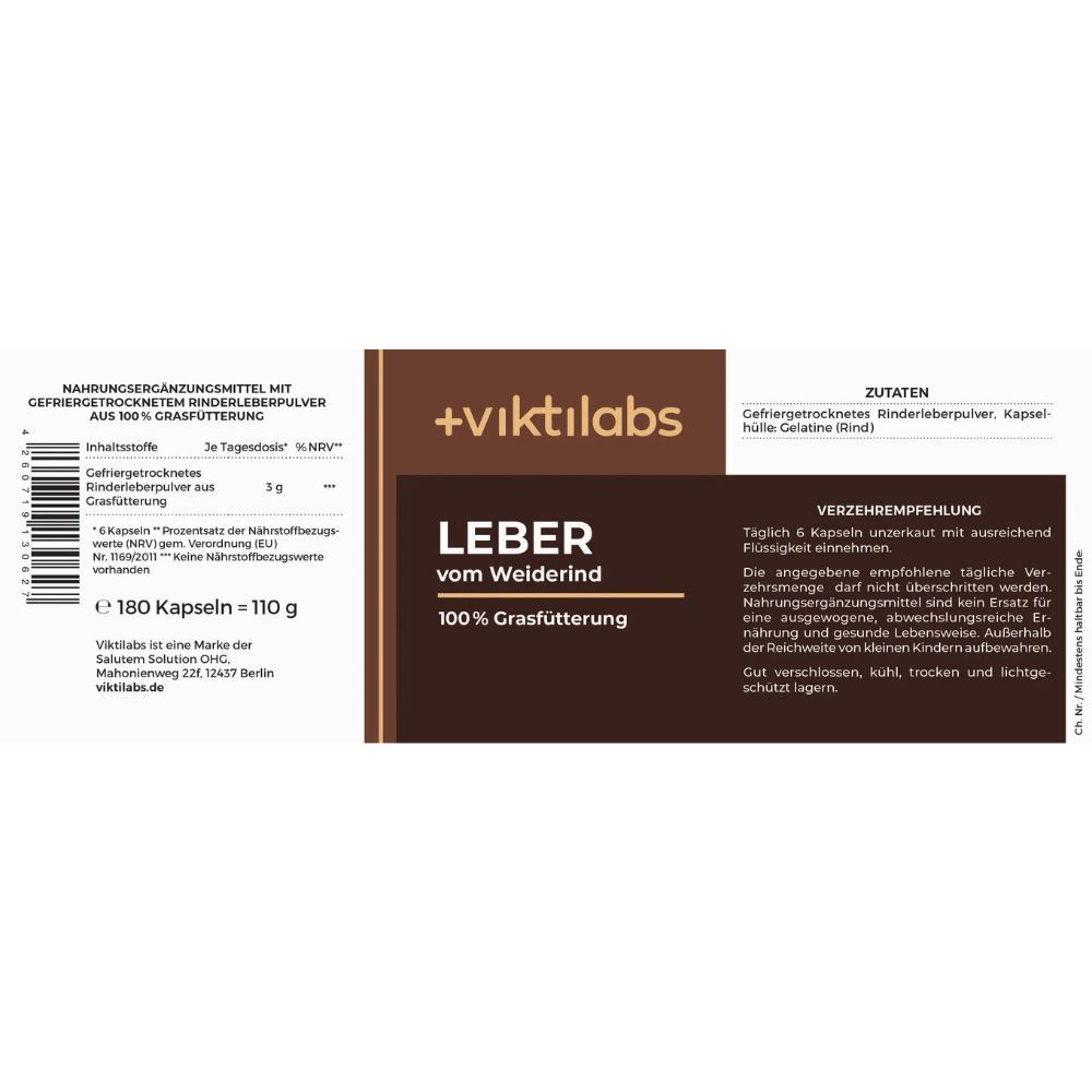 Viktilabs Leber vom Weiderind Verpackungsrückseite mit Nährwertangaben und Anwendungshinweisen.
