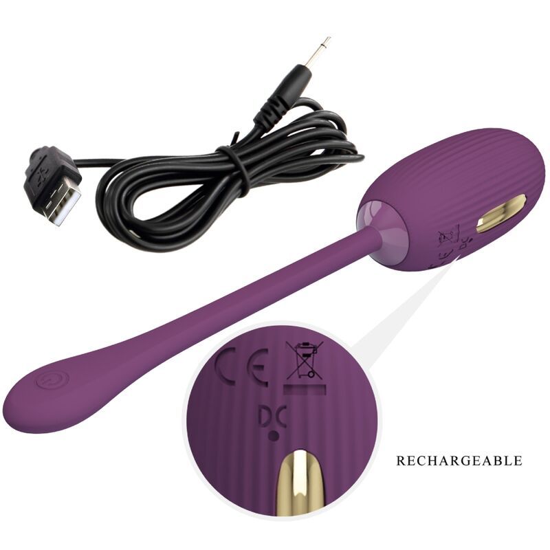 Lila Vibrations-Ei mit Stiel. Inklusive USB-Ladekabel. CE-Kennzeichnung.