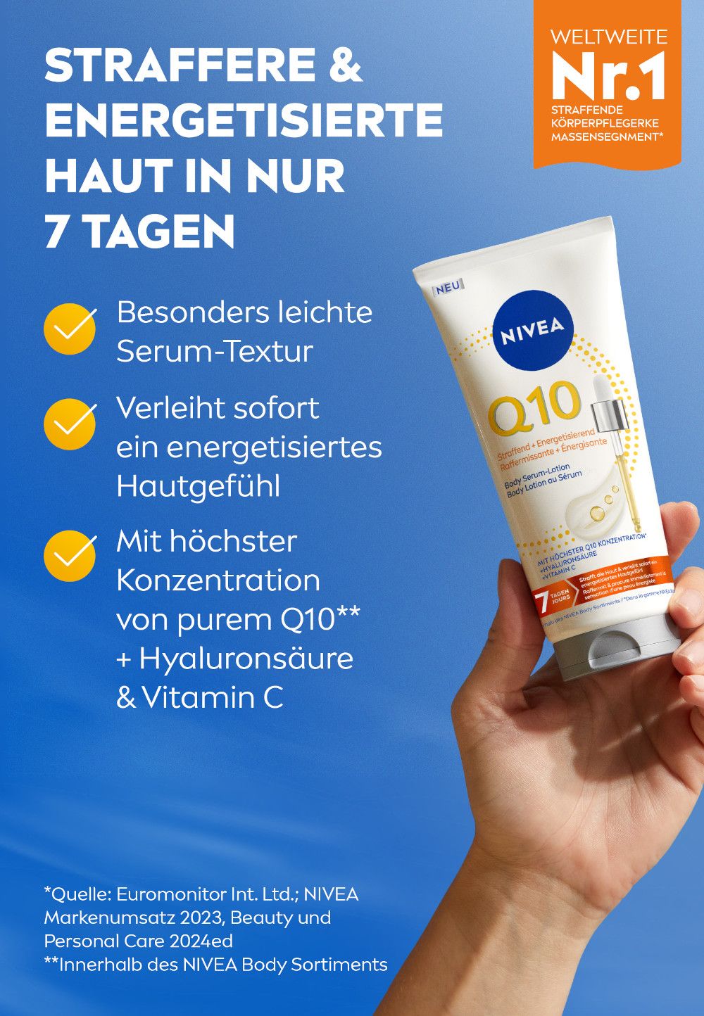 Hand hält NIVEA Q10 Body Serum-Lotion mit Q10 und Vitamin C.