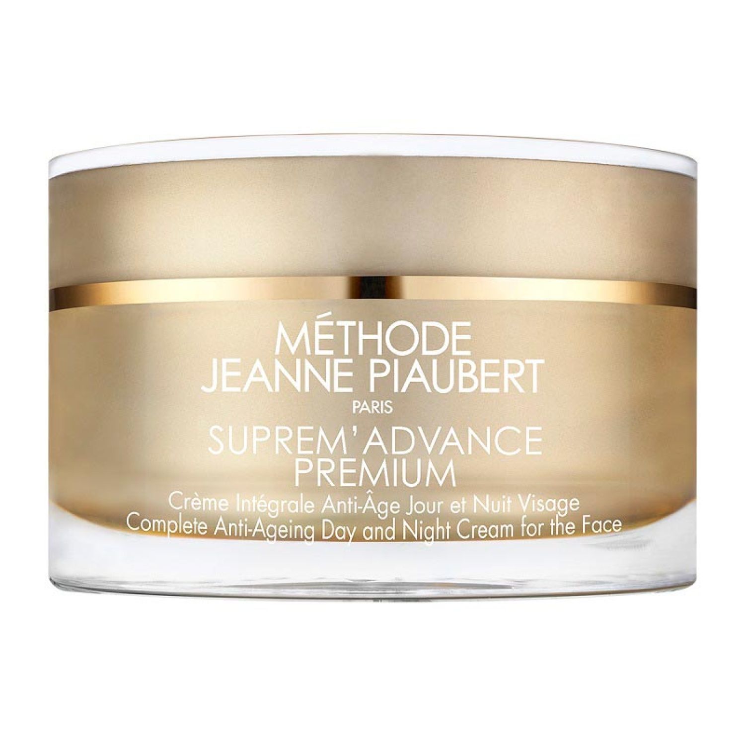 Creme-Tiegel mit goldfarbenem Deckel. Aufschrift: SUPREM'ADVANCE PREMIUM, Crème Intégrale Anti-Âge Jour et Nuit Visage.