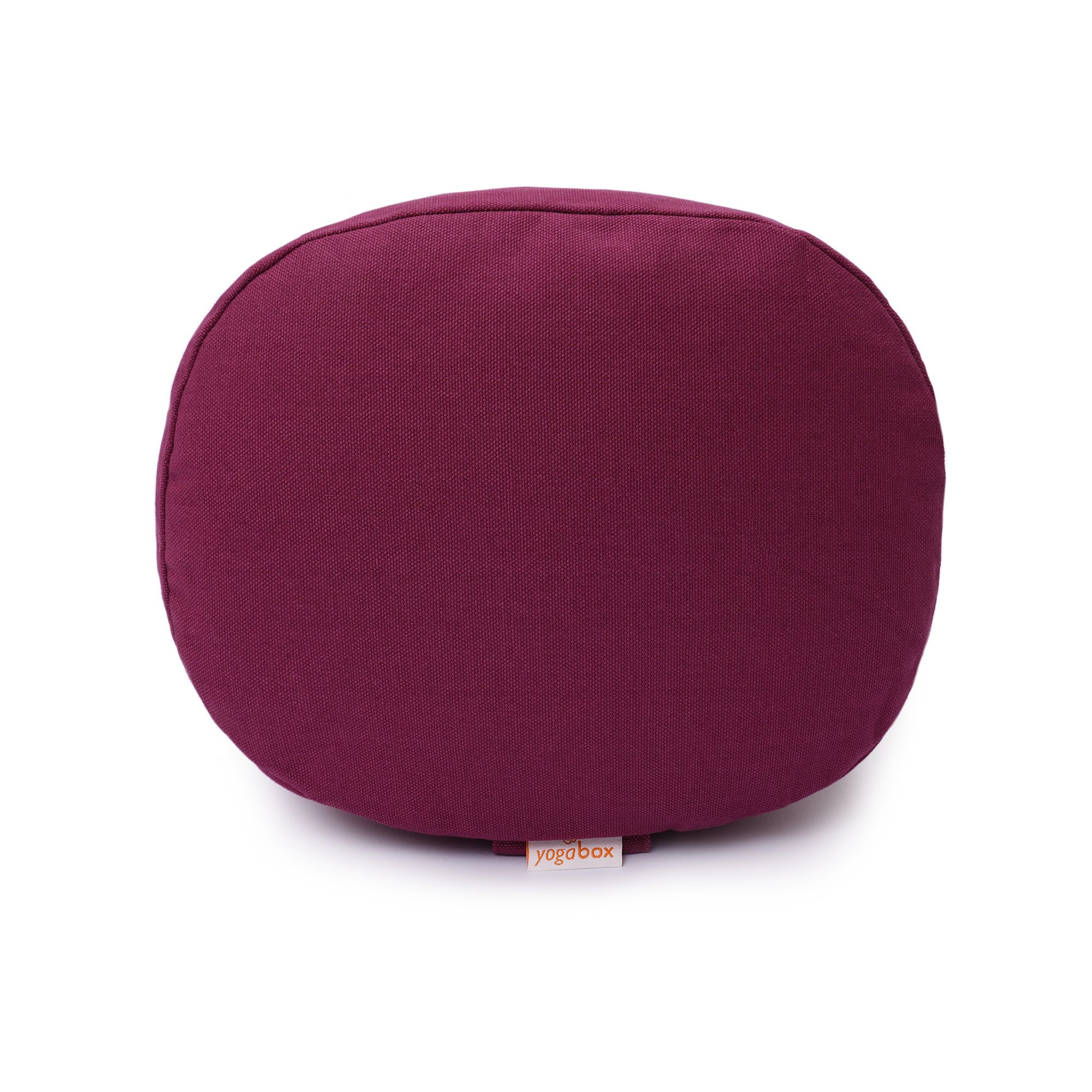 Rückansicht eines ovalen auberginefarbenen Meditationskissens mit Yogabox-Label.