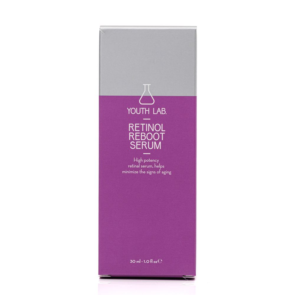 Violette Verpackung mit silbernem Deckel. Aufschrift: YOUTH LAB Retinol Reboot Serum. Enthält 30 ml.