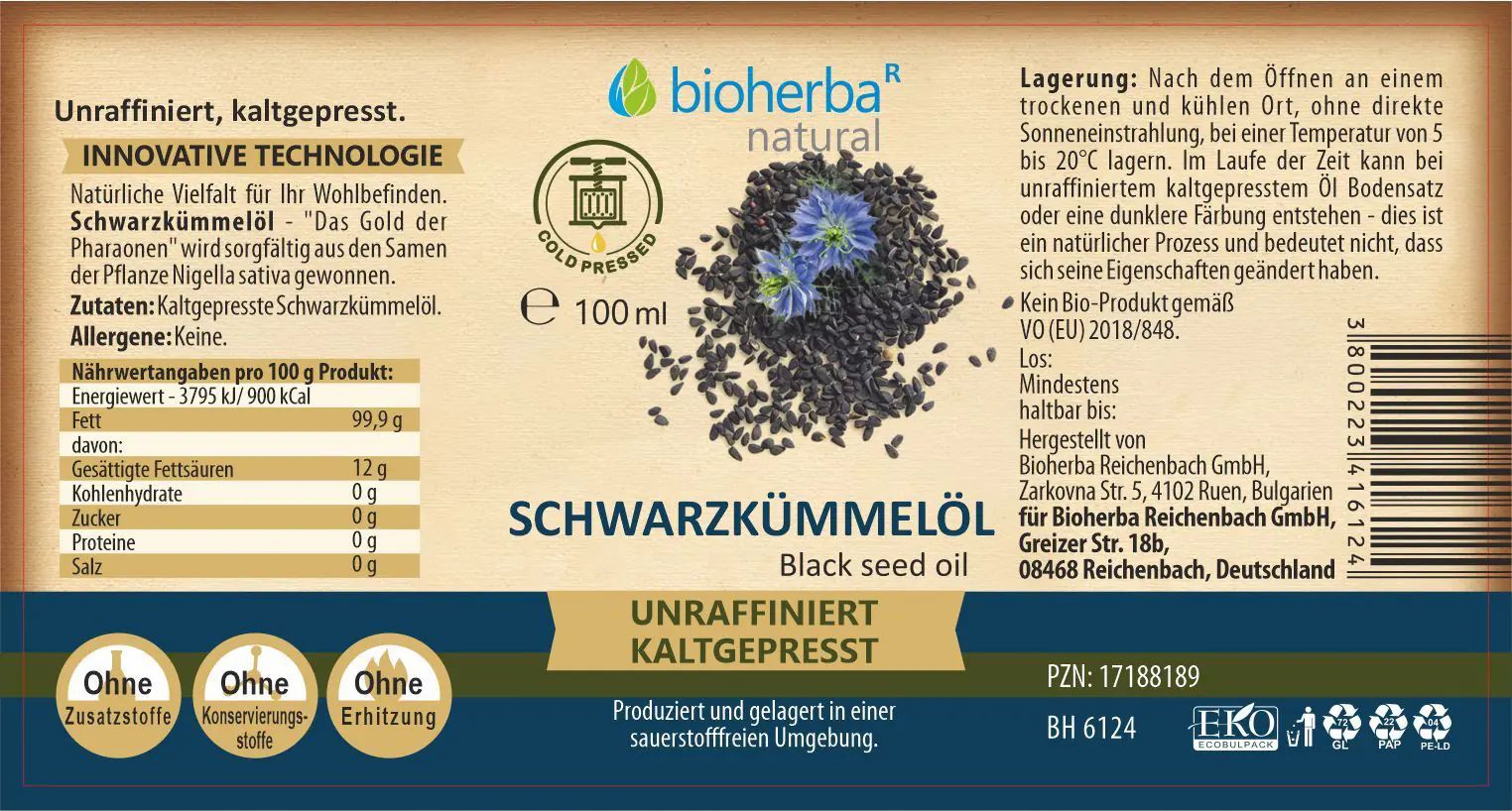 Etikett mit Produktinformationen. Text: "Schwarzkümmelöl", "unraffiniert kaltgepresst". Logo "Bioherba". Abbildung von Schwarzkümmelsamen.