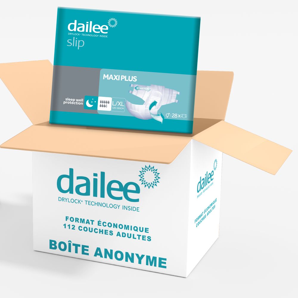 Emballage Dailee Slip Maxi Plus dans une boîte. Format économique, 112 pièces. Boîte anonyme.