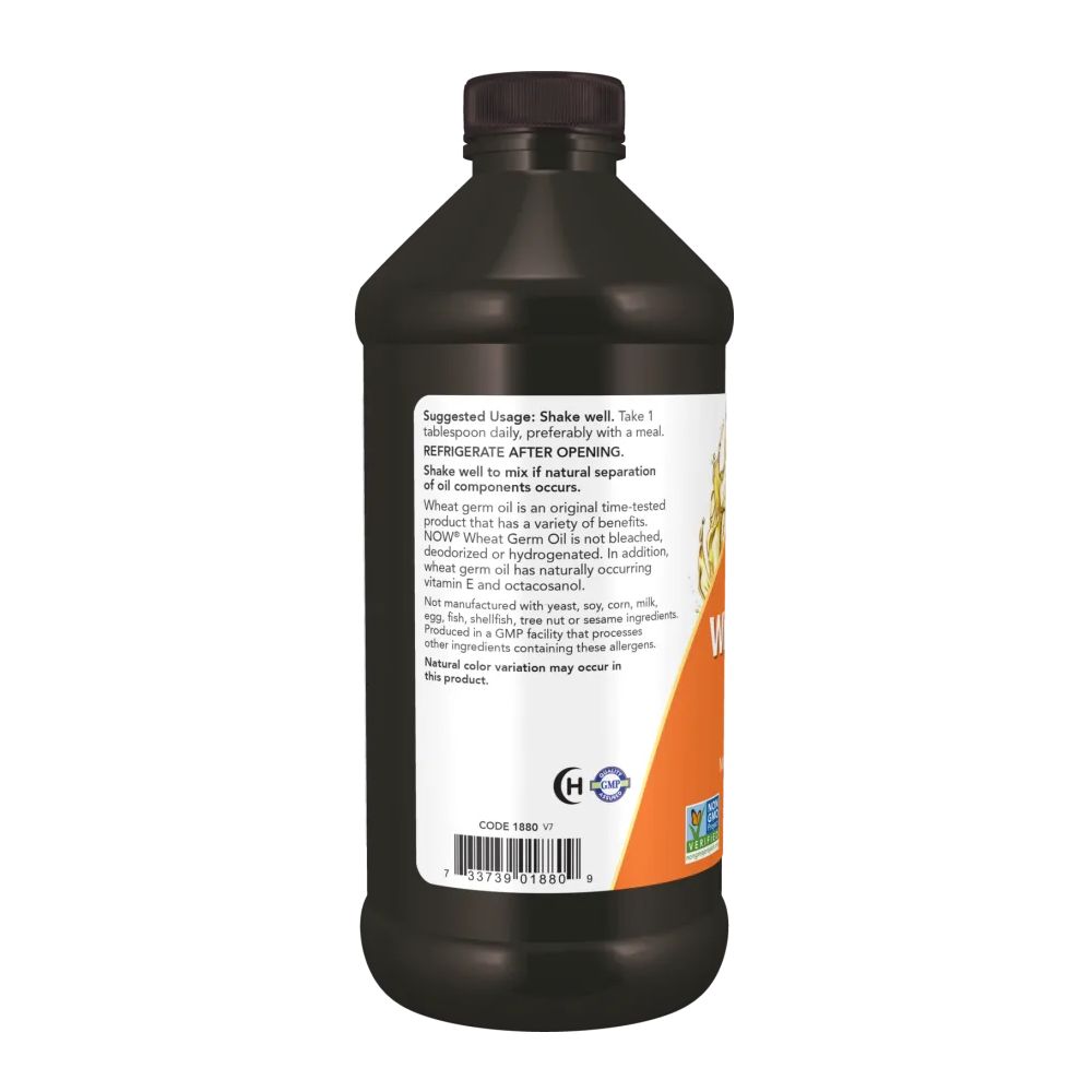 Braune Flasche mit weißem Etikett. Gebrauchsanweisung: Vor Gebrauch schütteln. Kühl lagern. Marke: NOW. Enthält Weizenkeimöl. Mit Zertifizierungszeichen.