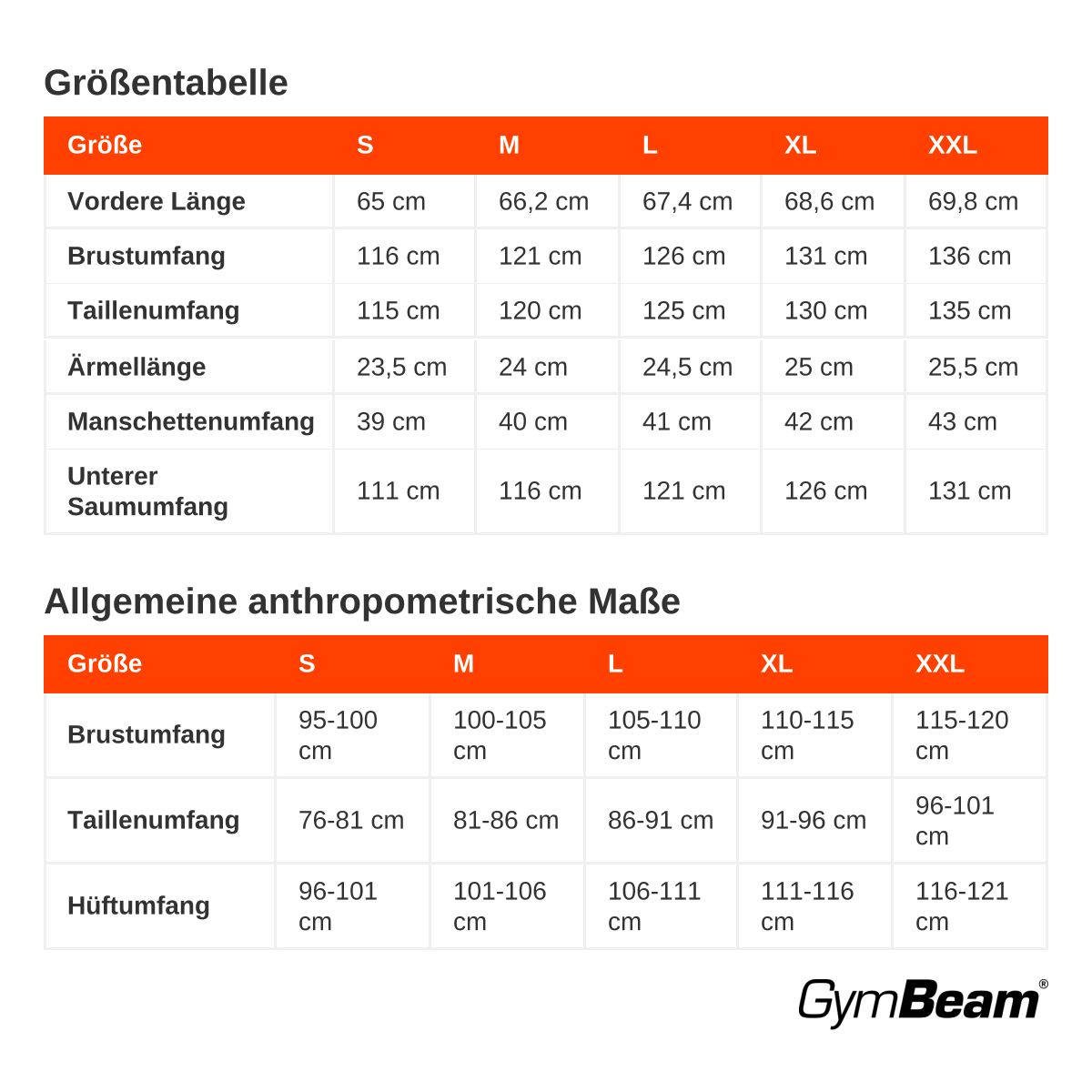 Größentabelle für Herrenbekleidung mit Maßen für verschiedene Größen und Körpertypen.