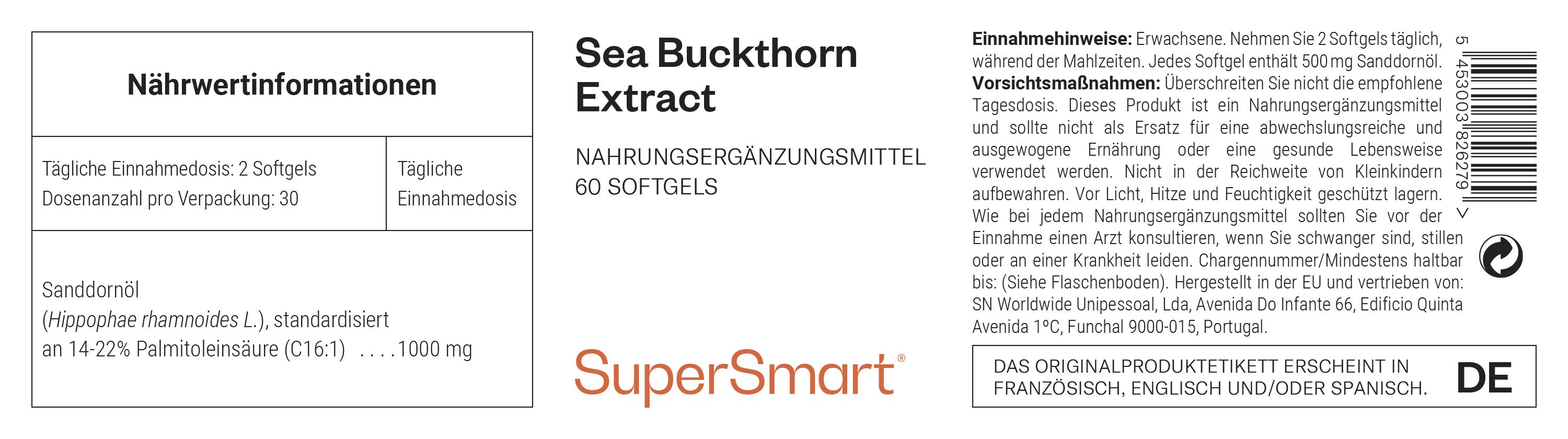 Etikett mit Produktinformationen. Enthält "Sea Buckthorn Extract" und "SuperSmart" Logo. 60 Softgels. Nährwertangaben und Anwendungshinweise.