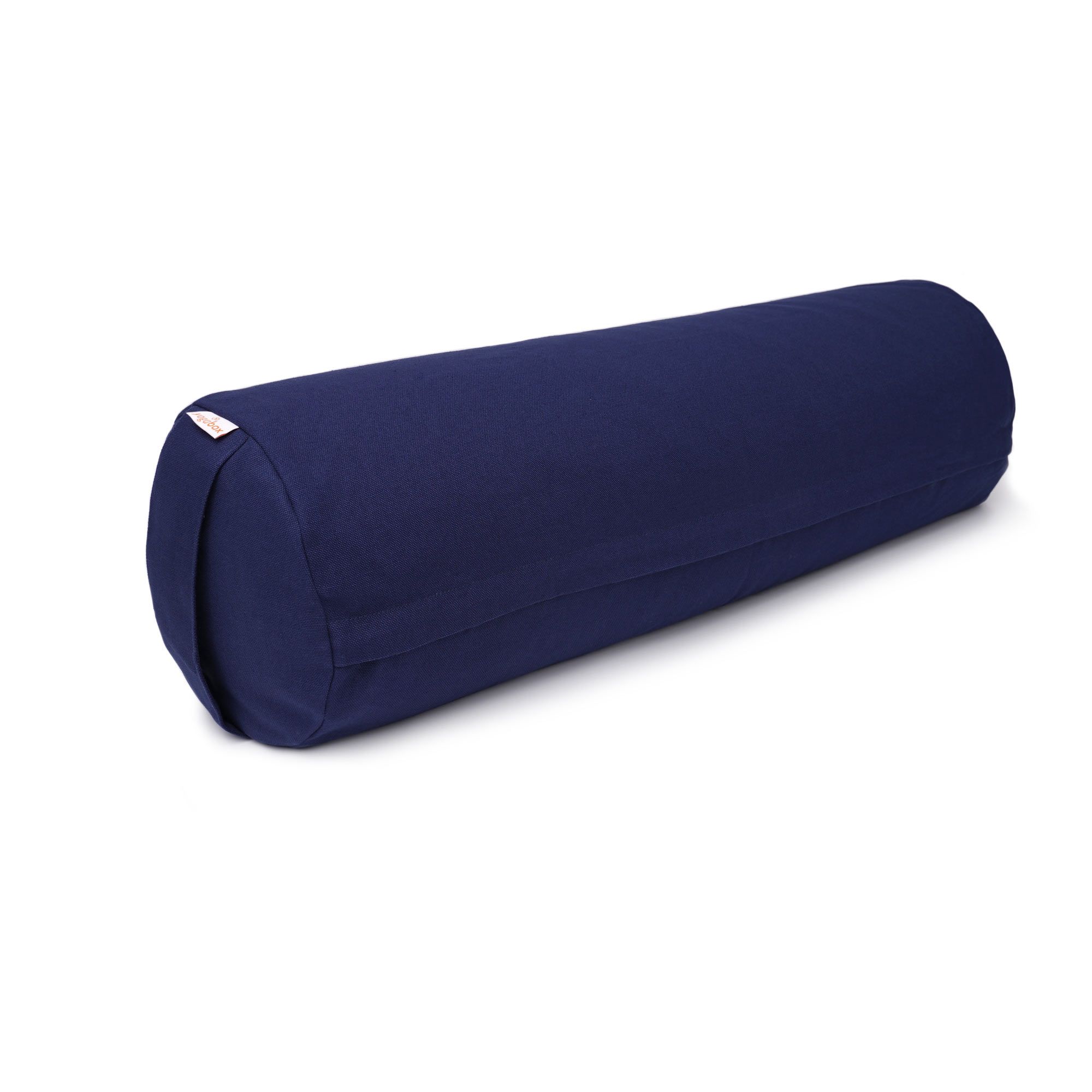Dunkelblauer Yogabolster, zylindrisch, mit einem kleinen Etikett an der Seite.