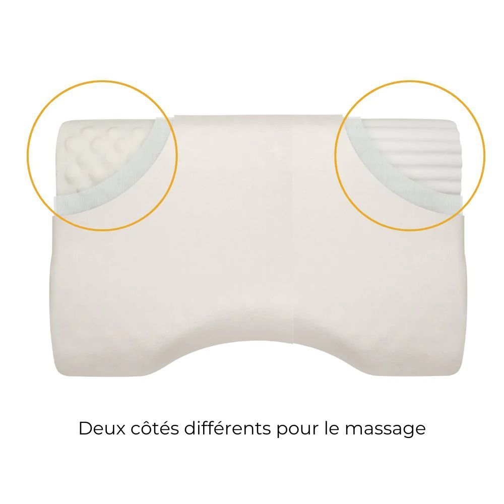 Oreiller avec deux côtés différents. Texte: Deux côtés différents pour le massage.