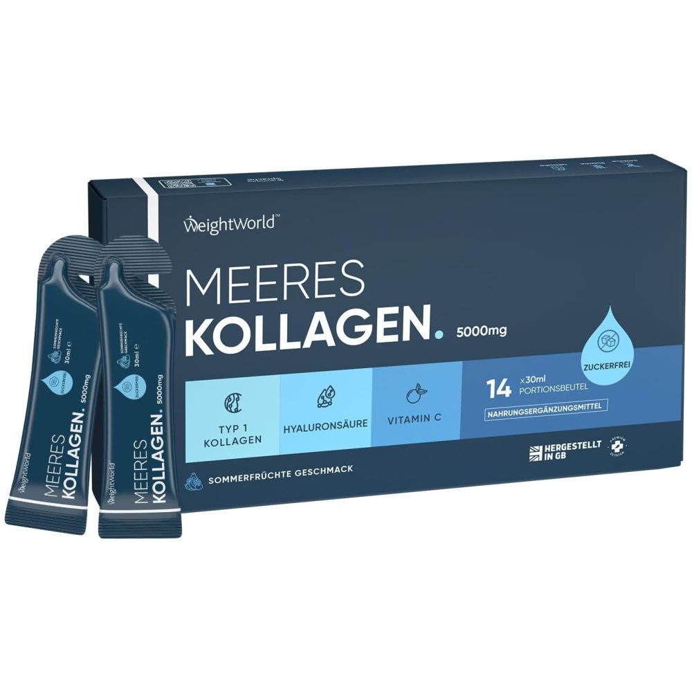 Karton mit Kollagen-Portionsbeuteln. Aufschrift: Meeres Kollagen. 5000mg. 14 Portionen. Zuckerfrei. Typ 1 Kollagen, Hyaluronsäure, Vitamin C. Sommerfrüchte Geschmack.