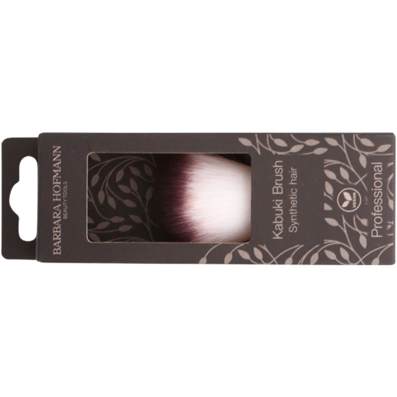 Kabuki-Pinsel in Verpackung. Schwarze Box mit Fenster. Aufdruck: Barbara Hofmann, Kabuki Brush, Synthetic hair. Vegan-Siegel.