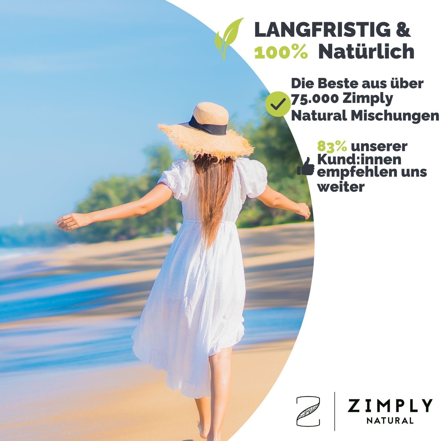 Frau am Strand mit Hut und Kleid. Text: Langfristig & 100% Natürlich. 83% unserer Kunden empfehlen uns weiter. Logo: ZIMPLY NATURAL.