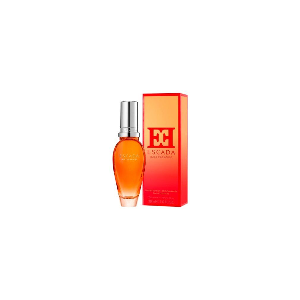 Escada Bali Paradise Eau De Toilette Spray. Flakon und Verpackung. Orangefarbener Flakon mit silbernem Verschluss. Rote Verpackung mit Logo.