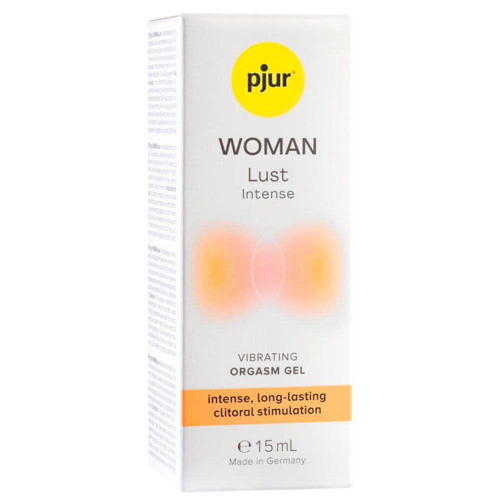 Karton mit Produktnamen und Logo. Text: WOMAN Lust Intense, Vibrating Orgasm Gel, intense, long-lasting clitoral stimulation, e 15ml.