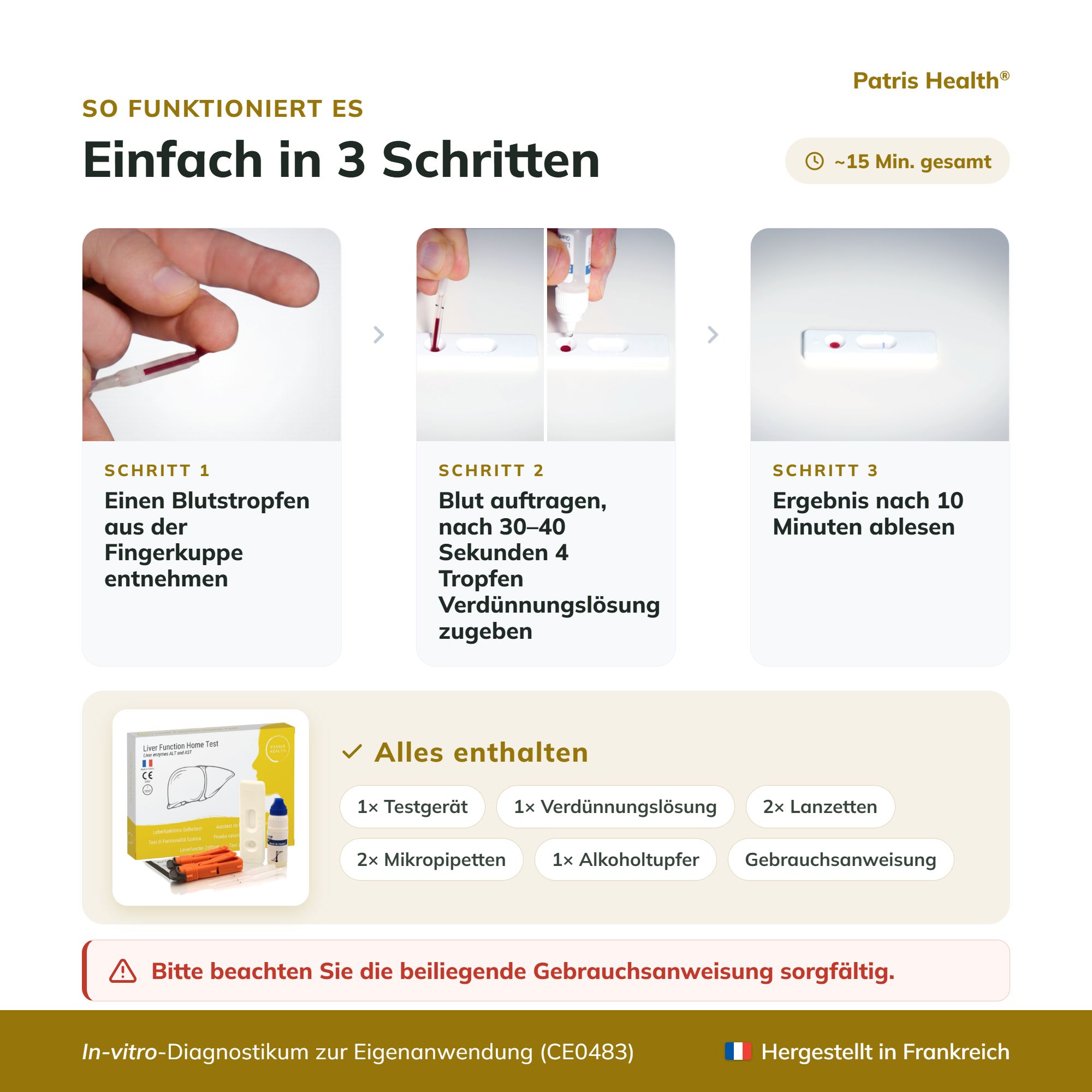So funktioniert der Lebertest von Patris Health: Einfach in 3 Schritten, alles enthalten, Gebrauchsanweisung.