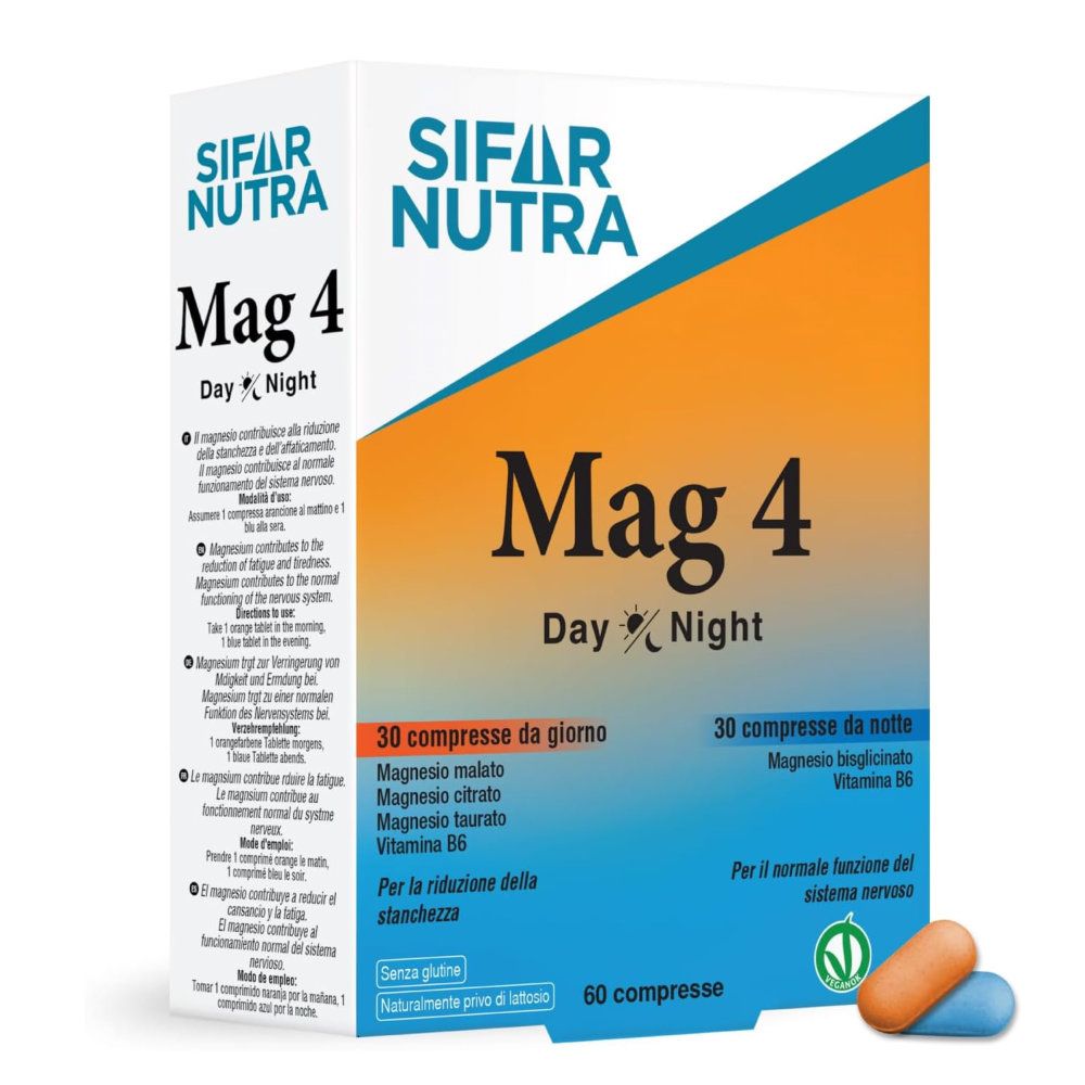 Karton von Sifar Nutra Mag 4 Day Night. Enthält 60 Tabletten, 30 Tag und 30 Nacht. Orange und blaue Tabletten liegen daneben.