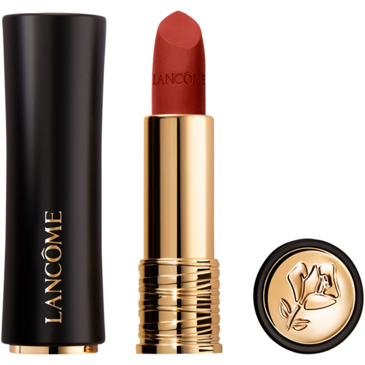 Lippenstift LANCÔME. Schwarzer Stift mit goldfarbenem Boden. Roter Lippenstift. Deckel mit Rosenlogo.