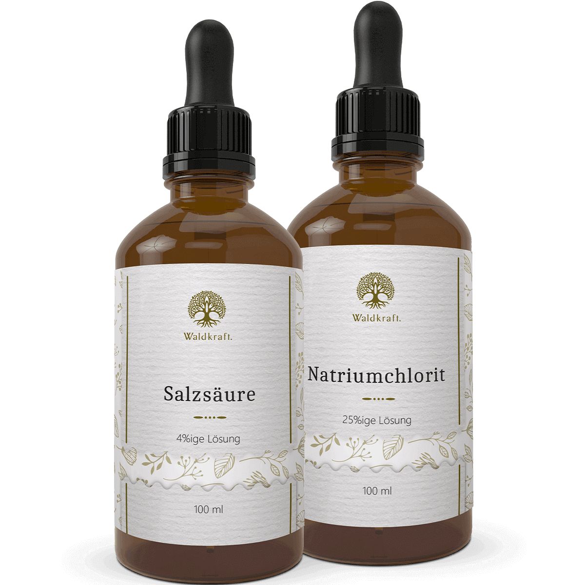 Zwei braune Glasflaschen mit Pipettenaufsatz. Auf den Etiketten stehen "Salzsäure" und "Natriumchlorit". Beide Flaschen haben das Logo von Waldkraft.