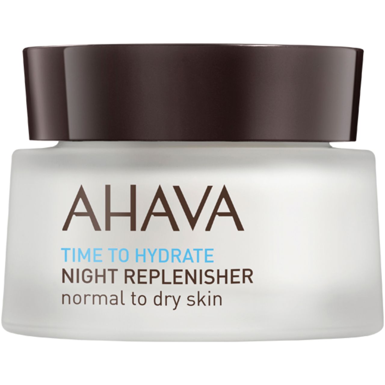 Cremebehälter mit Deckel. Aufschrift: AHAVA, TIME TO HYDRATE, NIGHT REPLENISHER, normal to dry skin.