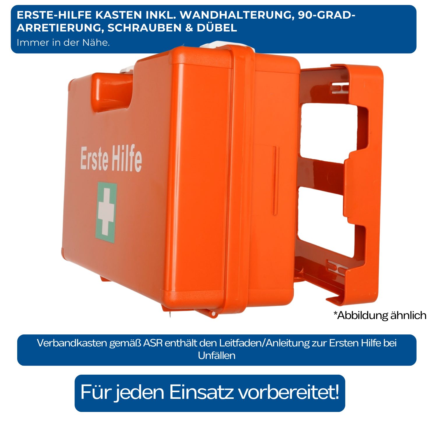 Orangefarbener Erste-Hilfe-Kasten mit Wandhalterung. Rote Aufschrift „Erste Hilfe“ und grünes Kreuz. Geöffnet.