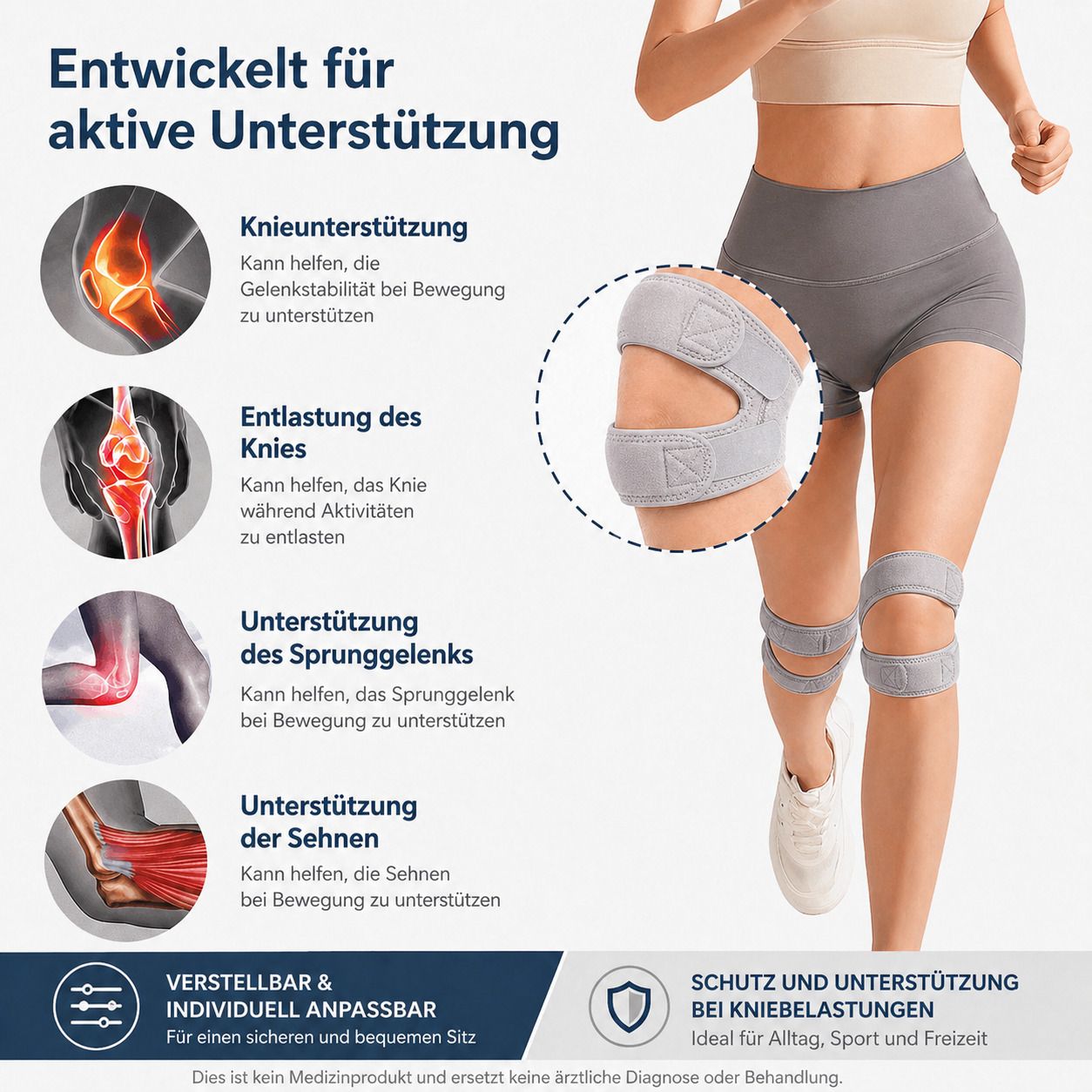 Person beim Joggen mit Kniebandagen. Text: Entwickelt für aktive Unterstützung, Knieunterstützung, Entlastung des Knies, Unterstützung des Sprunggelenks.