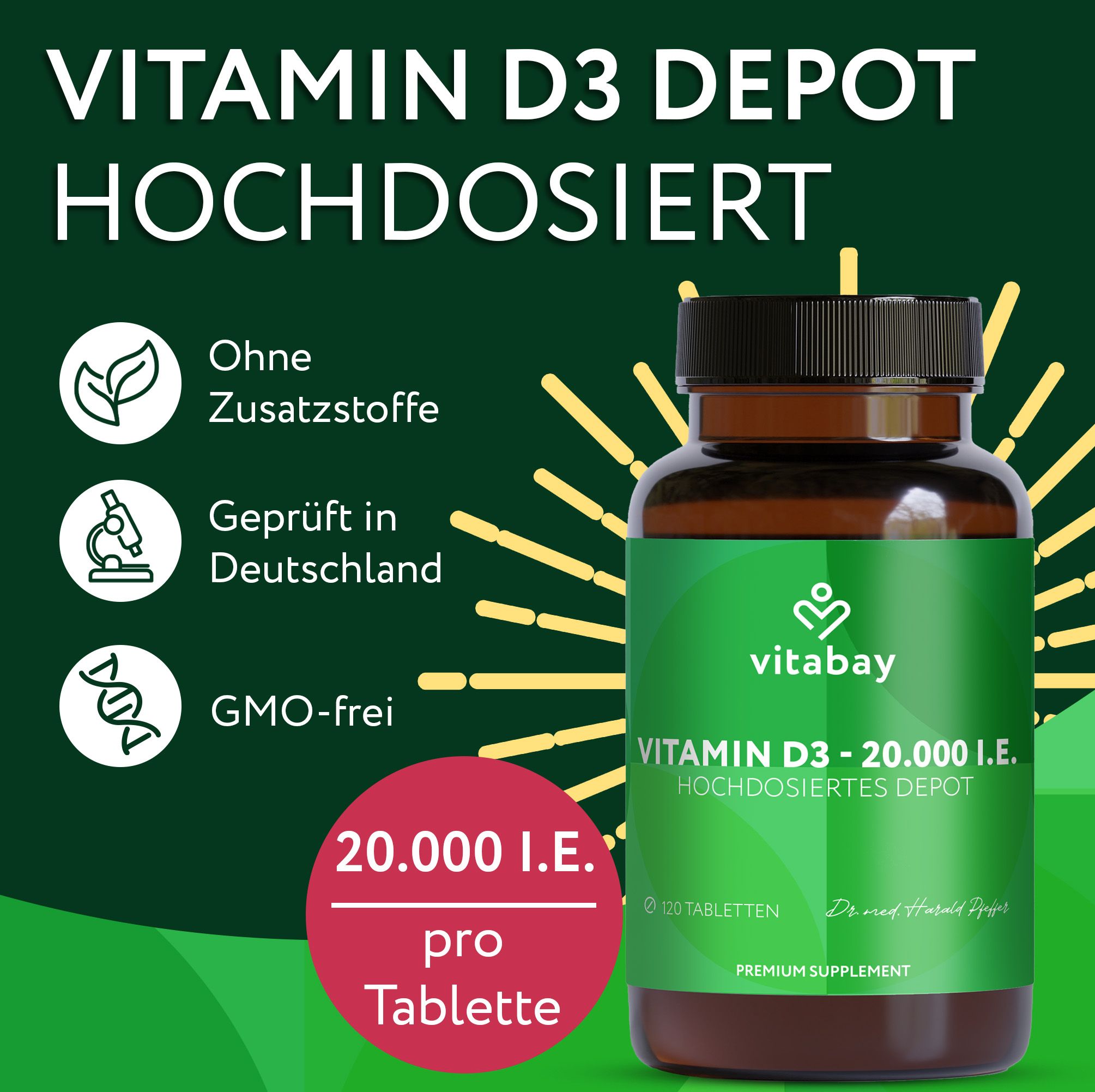 Flasche Vitamin D3 Depot. Text: 20.000 I.E. pro Tablette. Ohne Zusatzstoffe. Geprüft in Deutschland.