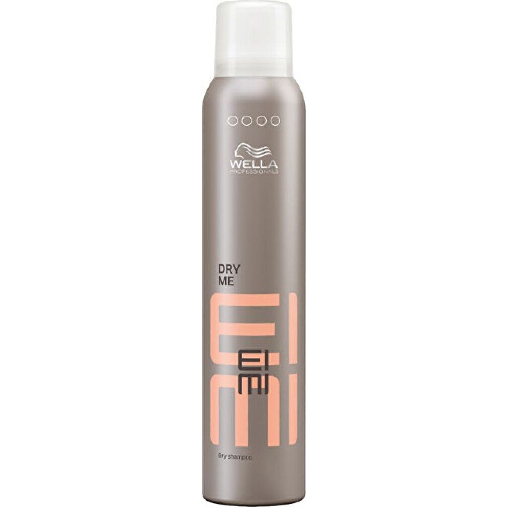 Haarspray-Dose mit weißem Deckel. Aufschrift "DRY ME EIMI" und "Dry shampoo". Logo von Wella.