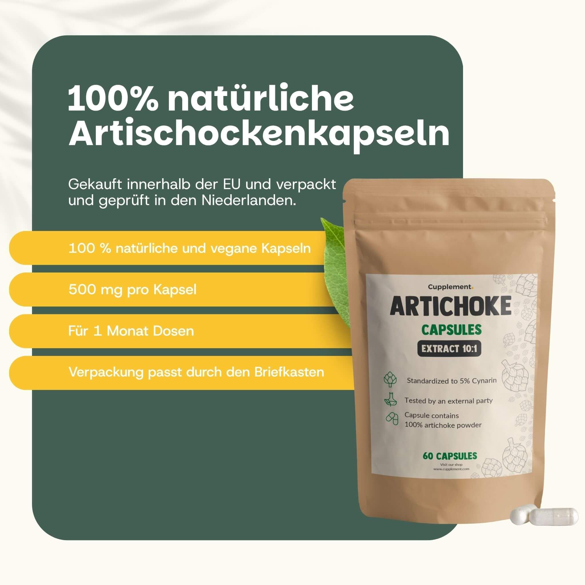 Braune Tüte mit Artischocken Kapseln. Text: Artischocke Kapseln, Extrakt 10:1, 60 Kapseln. 100% natürlich & vegan.