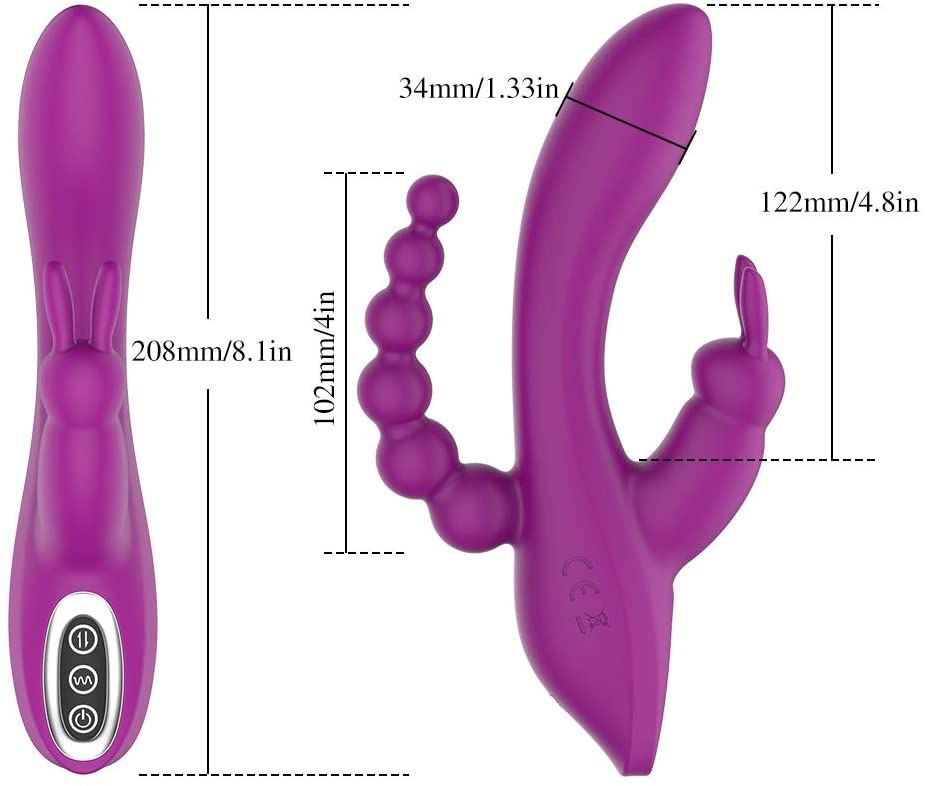 Lila Vibrator mit Maßen. 208mm lang, 102mm hoch, 34mm breit. Mit Hasenohren und Perlenkette.
