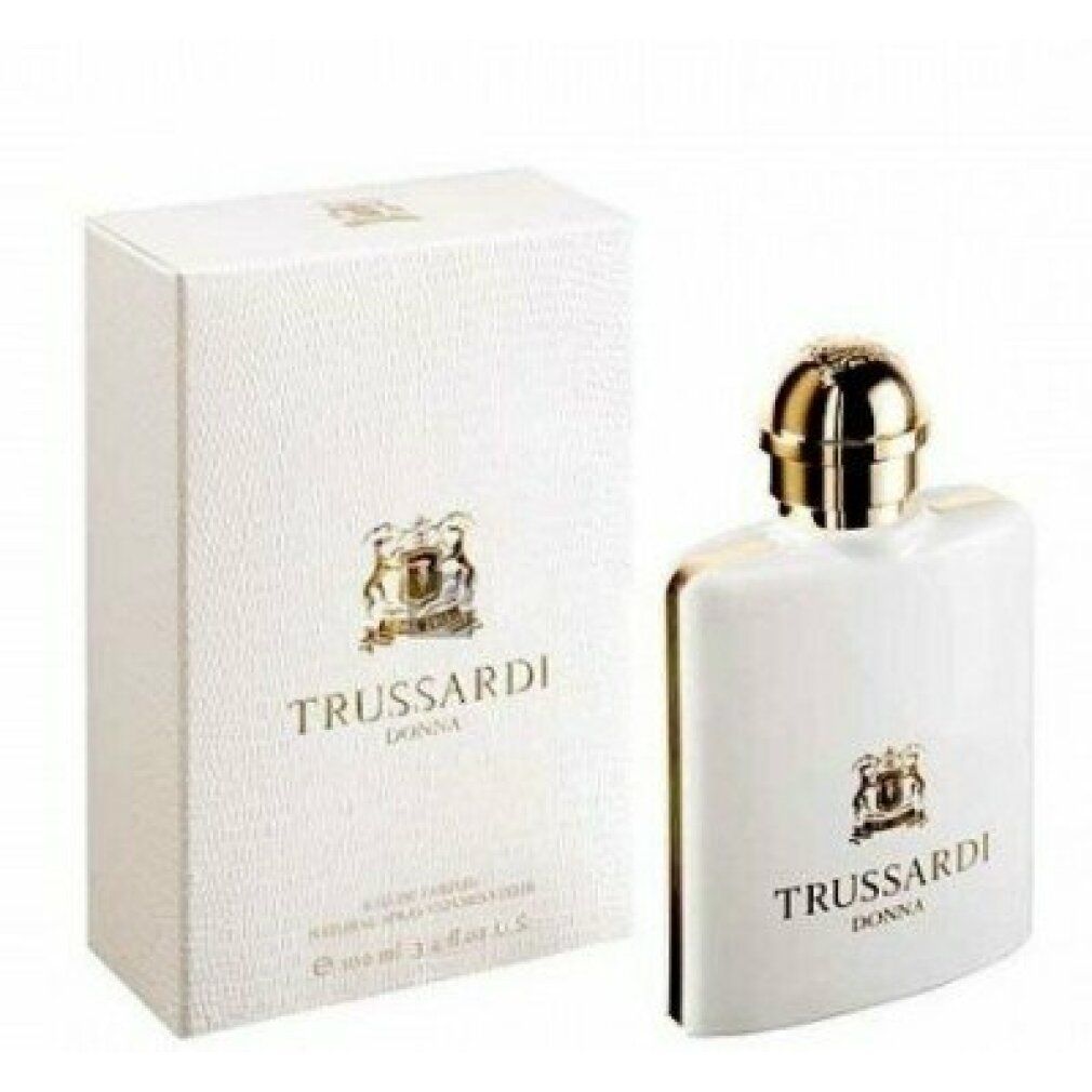 Trussardi Donna Eau de Parfum Flasche und Verpackung. Weiß mit goldener Schrift.