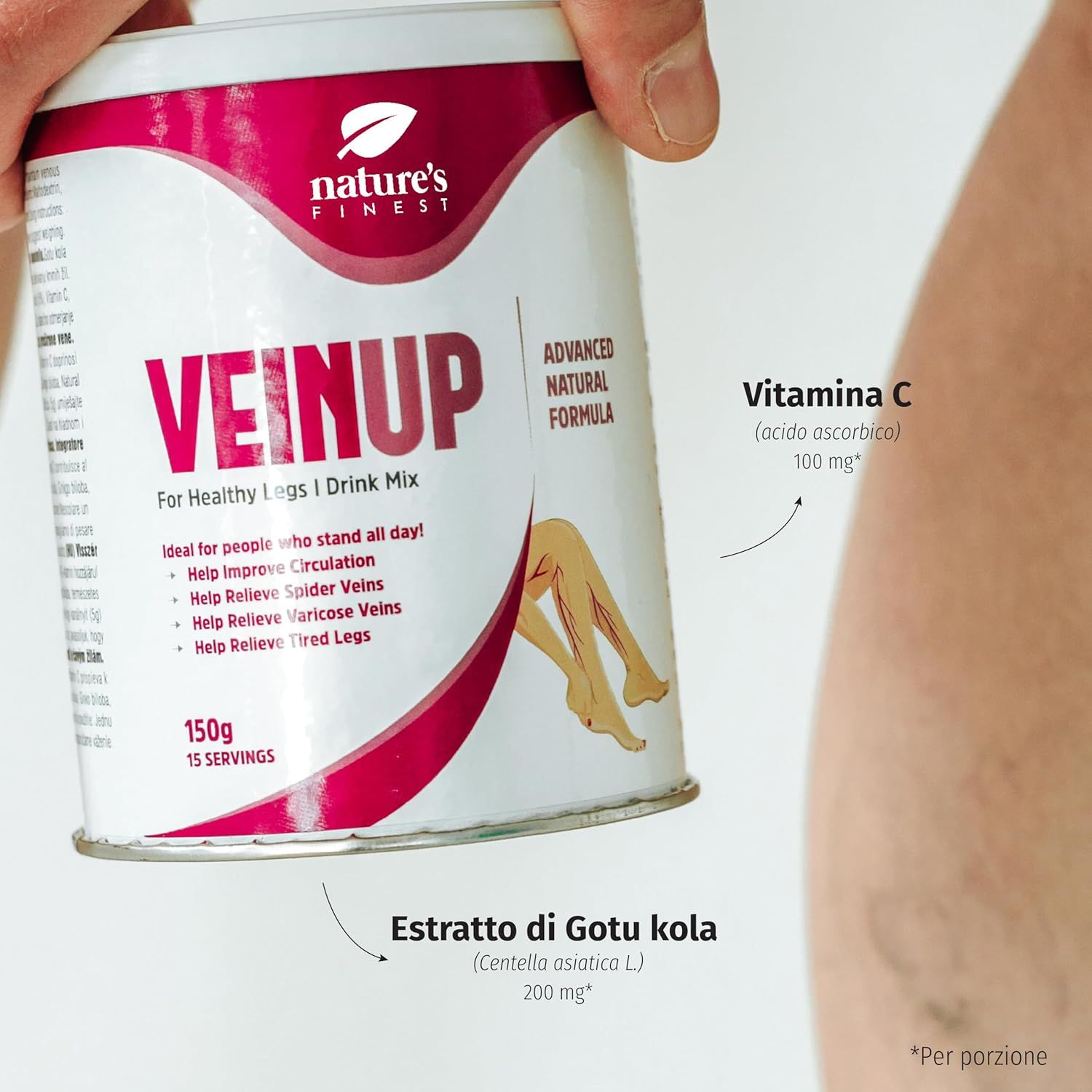 Dose VEINUP, Nature's Finest, mit Text und Illustrationen. Hand hält Dose. Vitamin C und Gotu Kola-Extrakt.