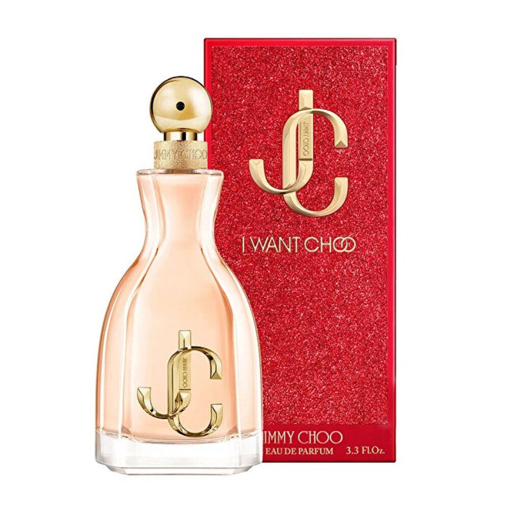 Parfümflakon und rote Schachtel. Goldfarbenes Logo und Schriftzug "I WANT CHOO". Flakon mit rosa Flüssigkeit.