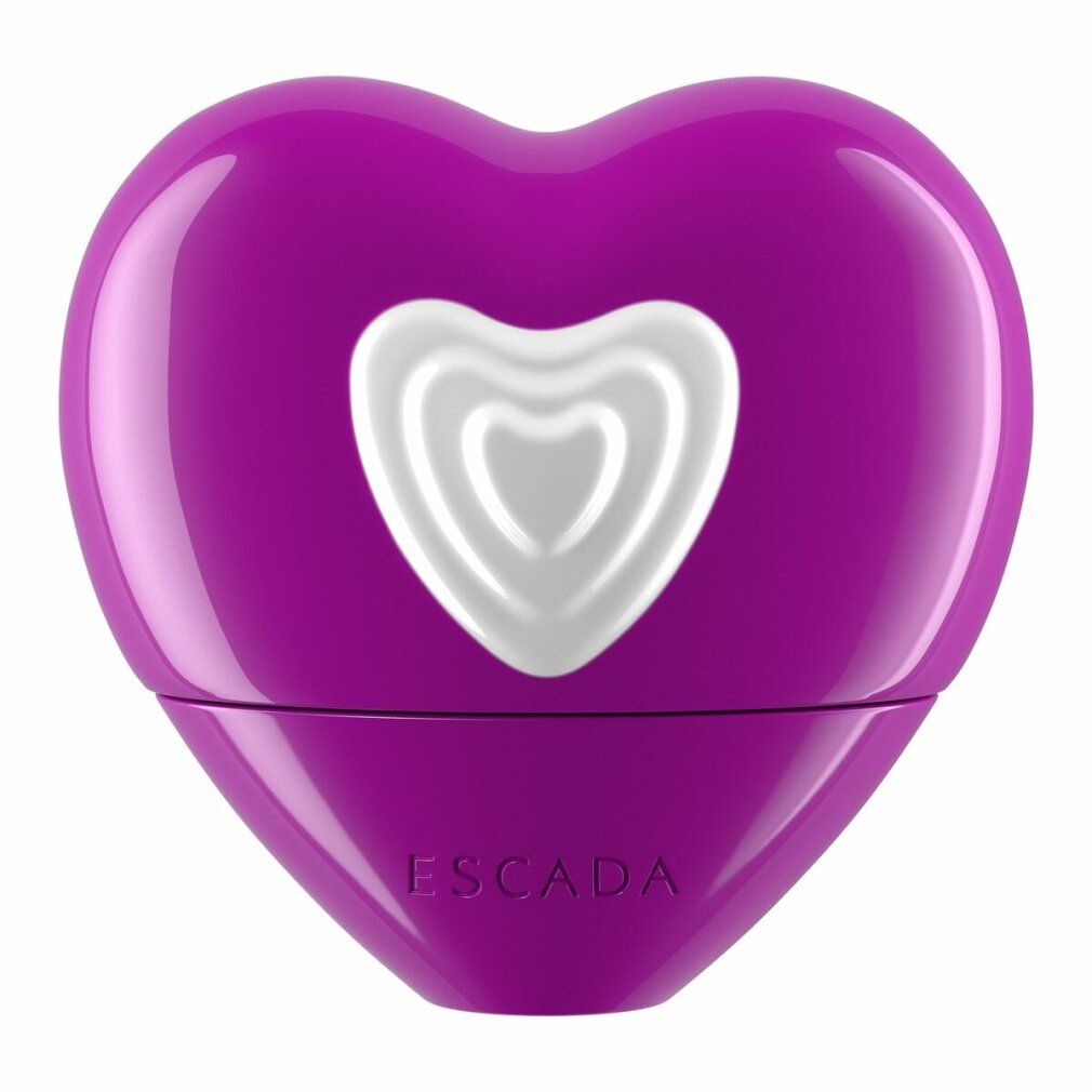 Lila herzförmiger Flakon mit weißem Herz. ESCADA-Logo unten. 