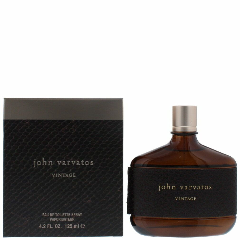 Dunkelbraune Flasche und Schachtel. Aufschrift: John Varvatos Vintage. Flasche mit silberfarbenem Verschluss. Schwarze Schachtel mit Textur.