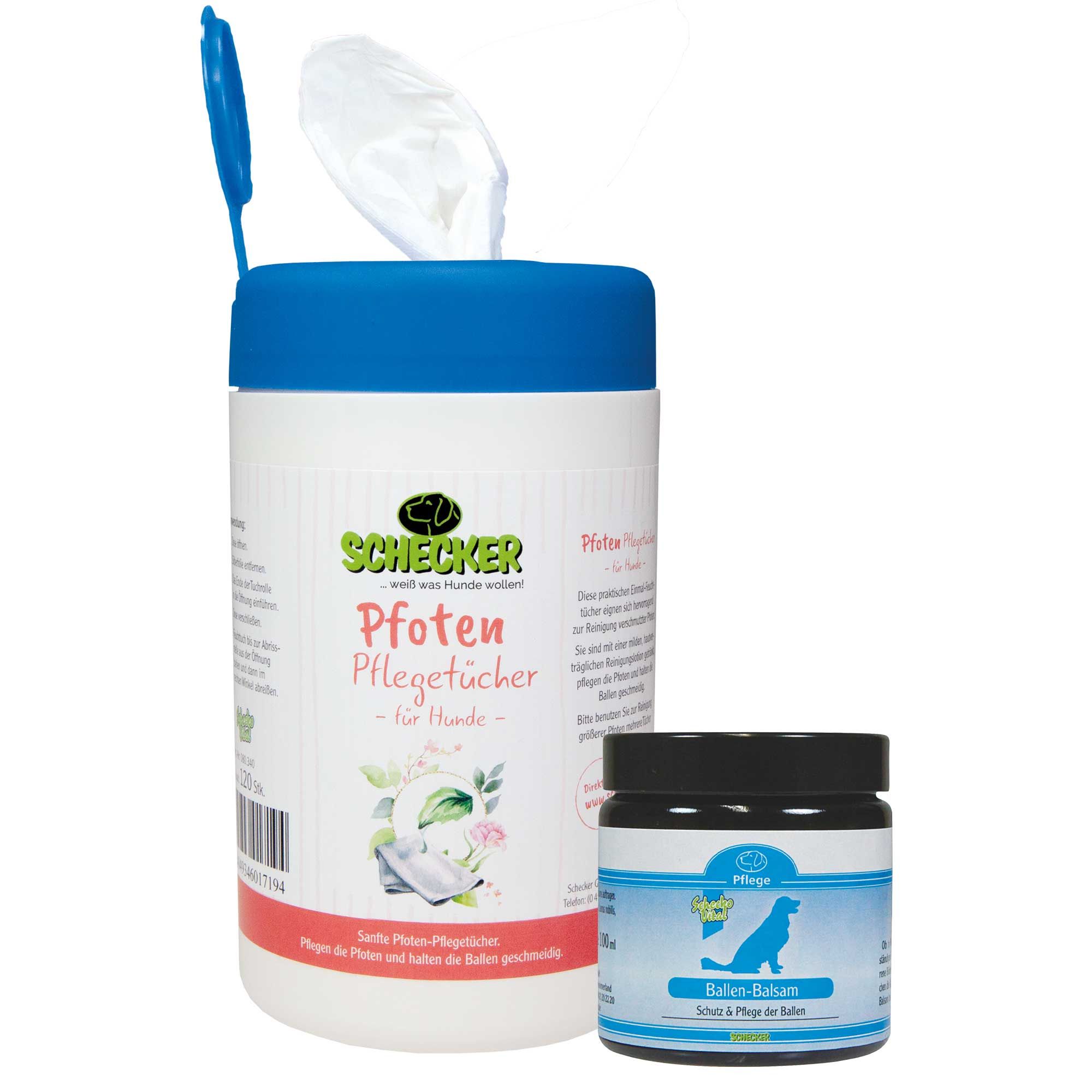 Pfotenpflege-Set. Dose mit Pfotenpflege-Tüchern und Tiegel mit Ballen-Balsam. Beide Produkte tragen das Schecker-Logo.