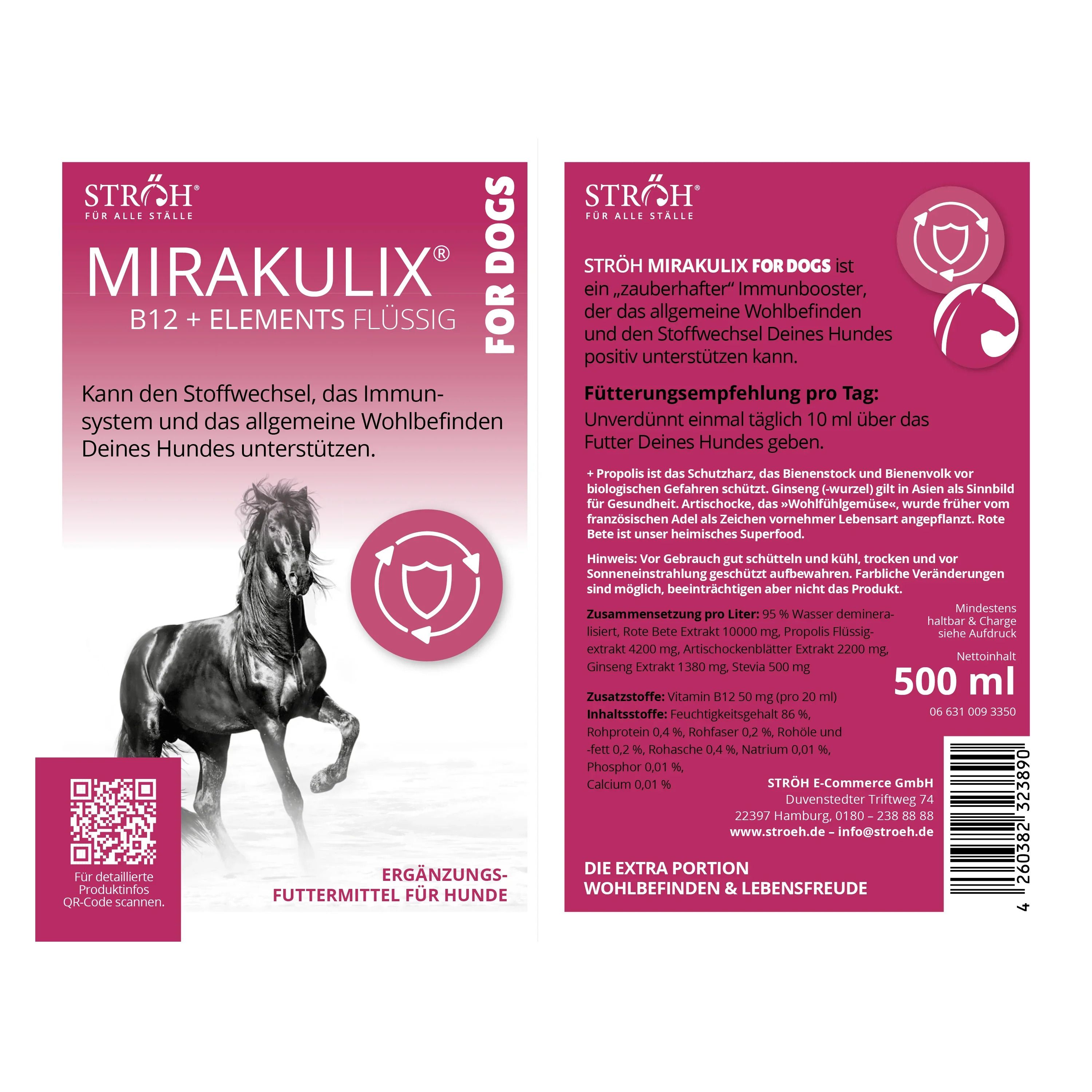 Dosierflasche mit Etikett. Text: STRÖH MIRAKULIX B12+ELEMENTS FLÜSSIG. Ergänzungsfuttermittel für Hunde. Enthält Informationen und QR-Code.