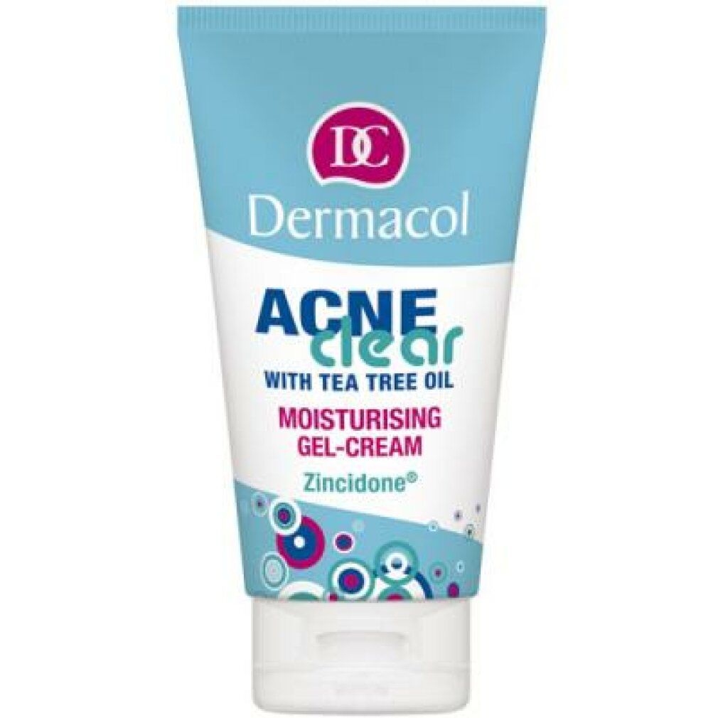 Acneclear Moisturising Gel-Cream Tube. Blaue Kappe, weißer Körper mit Text: Dermacol, Acne Clear, Tea Tree Oil, Gel-Cream.