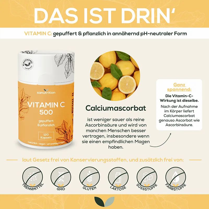 Sanutrition Vitamin C 500: Kapseldose, Zitronen und Erläuterungen zu Calciumascorbat.